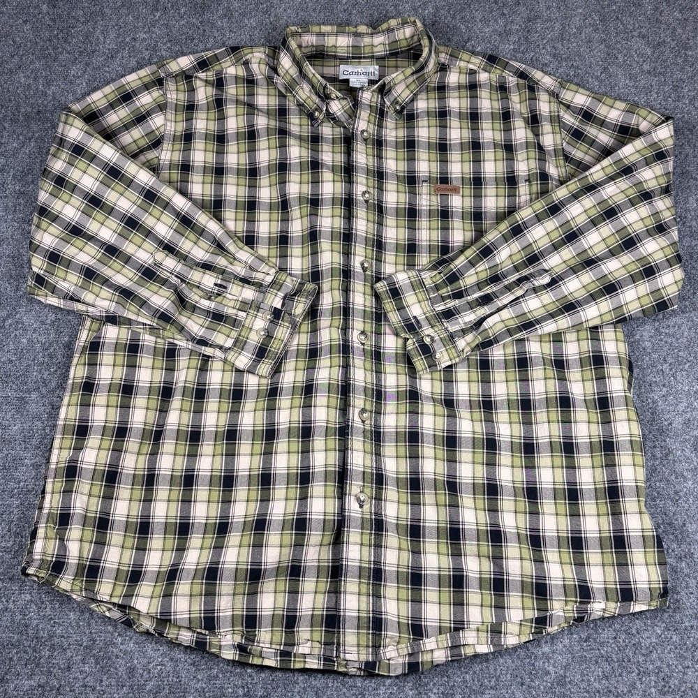 Carhartt Button Down Shirt Mens XL Green Plaid Long Sleeve Cotton Workwear